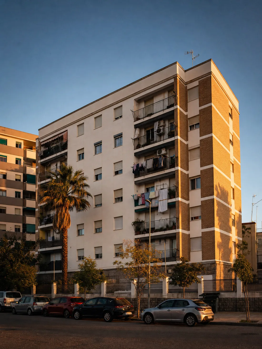 Bloque de viviendas en Huelva al atardecer